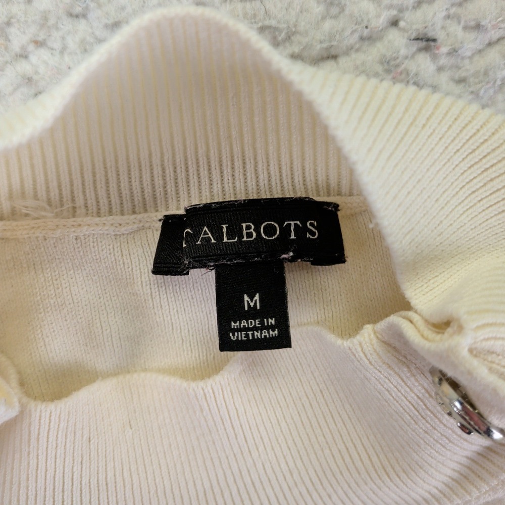 Talbots Womens Medium Striped Mock Neck Short Sleeve Sweater Silver Button Cream - Picture 4 of 9